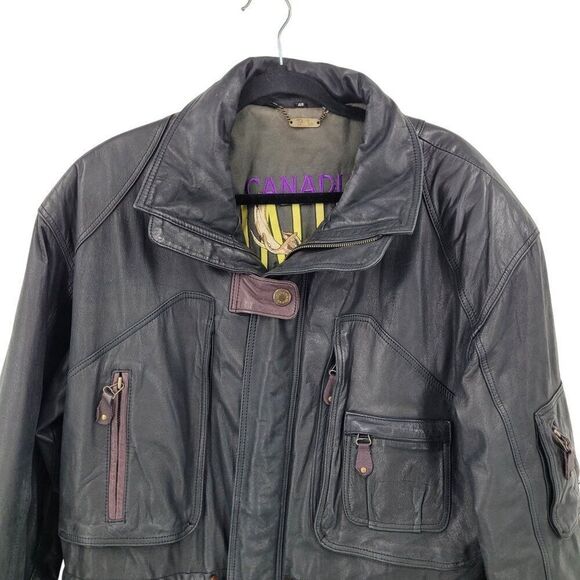 Vintage Genuine Leather Flight Jacket Mens 48 Black Detailed Pockets Steampunk - Picture 5 of 16